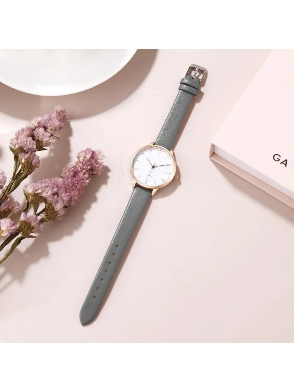 Women's Grey White Dainty Analog Leather Waterproof Reloj Para Mujer Wrist Watch